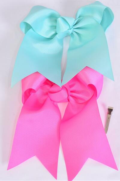 Hair Bow Extra Jumbo Long Tail Cheer Type Bow Hot Pink  Aqua Mix Grosgrain Bow-tie / 12 pcs Bow = Dozen Alligator Clip , Size - 6.5" x 6" Wide , 6 Hot Pink , 6 Aqua Color Asst , Clip Strip & UPC Code