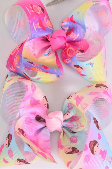 Hair Bow Jumbo Cute Ballerina Tiedye Grosgrain Bow-tie / 12 pcs Bow = Dozen Alligator Clip , Size - 6" x 5" Wide , 6 of each Pattern Asst , Clip Strip & UPC Code