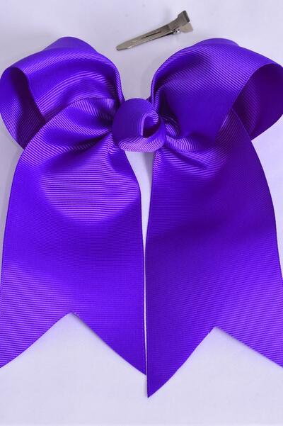 Hair Bow Extra Jumbo Long Tail Cheer Type Bow Dark Purple Grosgrain Bow-tie / 12 pcs Bow = Dozen Purple , Alligator Clip , Size - 6.5" x 6" Wide , Clip Strip & UPC Code