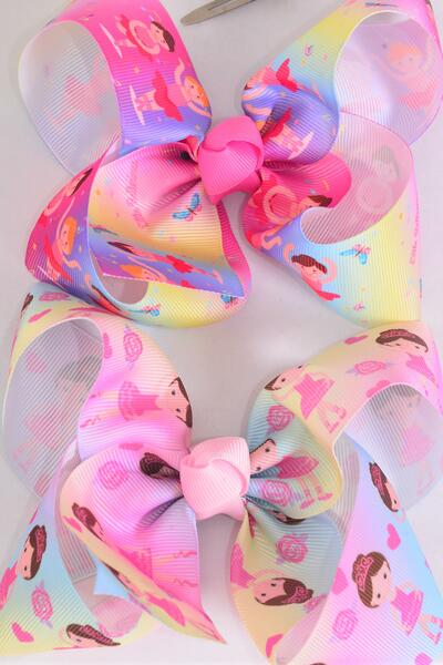 Hair Bow Jumbo Cute Ballerina Tiedye Grosgrain Bow-tie / 12 pcs Bow = Dozen Alligator Clip , Size - 6" x 5" Wide , 6 of each Pattern Asst , Clip Strip & UPC Code