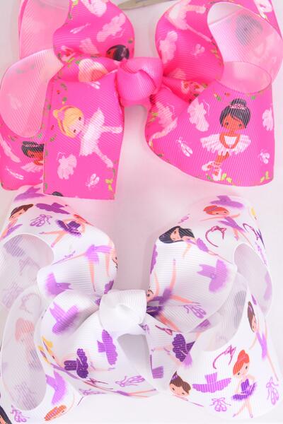 Hair Bow Jumbo Diverse Ballerina Grosgrain Bow-tie / 12 pcs Bow = Dozen Alligator Clip , Size - 6" x 5" Wide , 6 of each Pattern Asst , Clip Strip & UPC Code