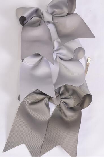 Hair Bow Extra Jumbo Long Tail Cheer Bow type Gray Mix Grosgrain Bow-tie / 12 pcs Bow = Dozen Gray Mix , Alligator Clip, Size - 6.5" x 6" Wide , 4 Shell Gray , 4 Silver , 4 Metal Gray Color Asst , Clip Strip & UPC Code