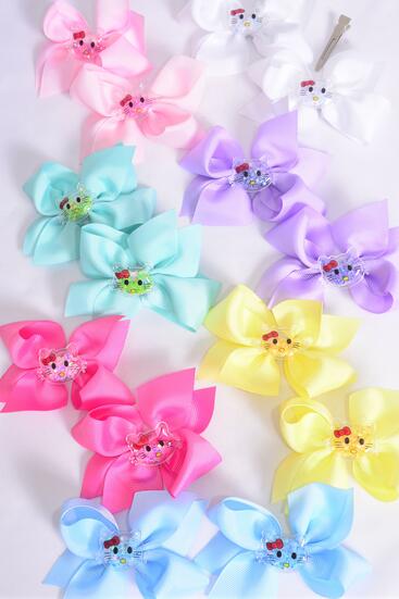 Hair Bow 24 pcs Cute Kitty Charm Pastel Grosgrain Bow-tie / 12 pair Bow = Dozen Alligator Clip , Size - 3.5" x 3" , 2 White , 2 Baby Pink , 2 Lavender , 2 Blue , 2 Yellow , 1 Hot Pink , 1 Mint Color Asst , Clip Strip & UPC Code