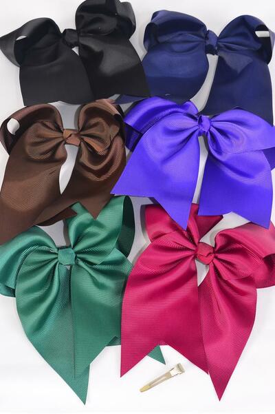 Hair Bow Extra Jumbo Long Tail Cheer Type Bow Dark Multi Grosgrain Bow-tie / 12 pcs Bow = Dozen Alligator Clip , Size  -6.5" x 6" Wide , 2 Black , 2 Brown , 2 Navy , 2 Wine , 2 Hunter Green , 2 Purple Mix , Clip Strip & UPC Code