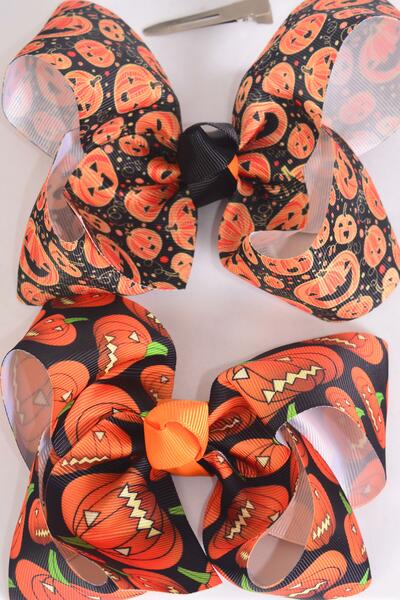 Hair Bow Jumbo Happy Halloween Jack Olantern Happy Pumpkin Mix Grosgrain Bow-tie / 12 pcs Bow = Dozen Alligator Clip , Size - 6" x 5" Wide , 6 Of each Pattern Mix , Clip Strip & UPC Code