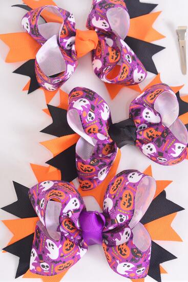 Hair Bow Jumbo Happy Halloween Jack Olantern Pumpkin Ghost Grosgrain Bow-tie / 12 pcs Bow = Dozen  Alligator Clip , Size - 6" x 5" Wide , 4 of each Color Asst , Clip Strip and UPC Code