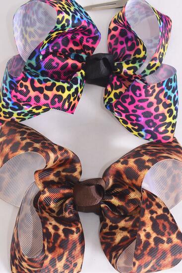 Hair Bow Jumbo Leopard Mix Grosgrain Bow-tie / 12 pcs Bow = Dozen  Leopard , Alligator Clip , Size - 6" x 5" Wide , 6 of each Pattern Mix , Clip Strip & UPC Code