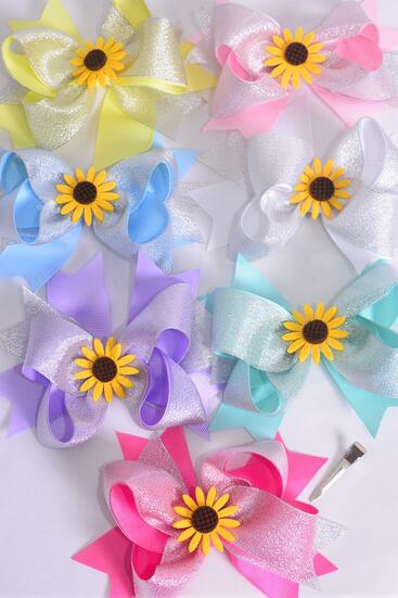 Hair Bow Jumbo Double Layered Metallic Happy Sunflower Pastel Grosgrain Bow-tie / 12 pcs Bow = Dozen Alligator Clip , Size - 6" x 5" , 2 White , 2 Baby Pink , 2 Hot Pink , 2 Lavender , 2 Mint , 1 Yellow , 1 Blue Color Asst , Clip Strip & UPC Code