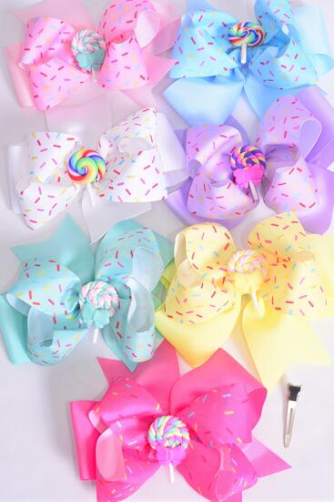 Hair Bow Jumbo Double Layered Jimmies Sprinkles Lollipop Charm Grosgrain Bow-tie / 12 pcs Bow = Dozen Alligator Clip , Size - 6" x 5" , 2 White , 2 Baby Pink , 2 Lavender , 2 Hot Pink , 2 Mint Green, 1 Blue , 1 Yellow Color Asst , Clip Strip & UPC Code