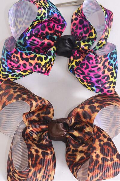 Hair Bow Jumbo Leopard Mix Grosgrain Bow-tie / 12 pcs Bow = Dozen  Leopard , Alligator Clip , Size - 6" x 5" Wide , 6 of each Pattern Mix , Clip Strip & UPC Code