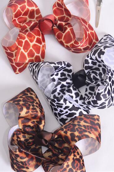 Hair Bow Jumbo Leopard Giraffe Pattern Mix Grosgrain Bow-tie / 12 pcs Bow = Dozen Alligator Clip , Size - 6" x 5" Wide , 4 of each Pattern Asst , Clip Strip & UPC Code