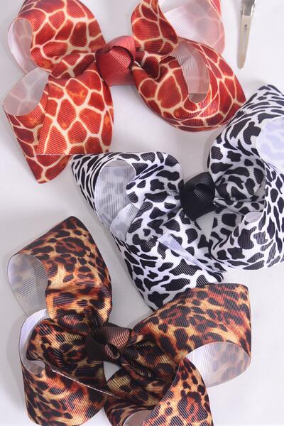 Hair Bow Jumbo Leopard Giraffe Pattern Mix Grosgrain Bow-tie / 12 pcs Bow = Dozen Alligator Clip , Size - 6" x 5" Wide , 4 of each Pattern Asst , Clip Strip & UPC Code