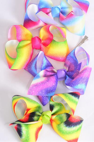 Hair Bow Jumbo Gradient Tiedye Grosgrain Bow-tie / 12 pcs Bow = Dozen  Alligator Clip , Size - 6" x 5" Wide , 3 Of Each Pattern Asst , Clip Strip and UPC Code