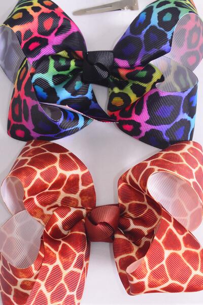 Hair Bow Jumbo Leopard Giraffe Pattern Mix Grosgrain Bow-tie / 12 pcs Bow = Dozen Safari , Alligator Clip , Size - 6" x 5" Wide , 6 of each Pattern Asst , Clip Strip & UPC Code