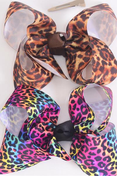 Hair Bow Jumbo Leopard Mix Grosgrain Bow-tie / 12 pcs Bow = Dozen  Leopard , Alligator Clip , Size - 6" x 5" Wide , 6 of each Pattern Mix , Clip Strip & UPC Code