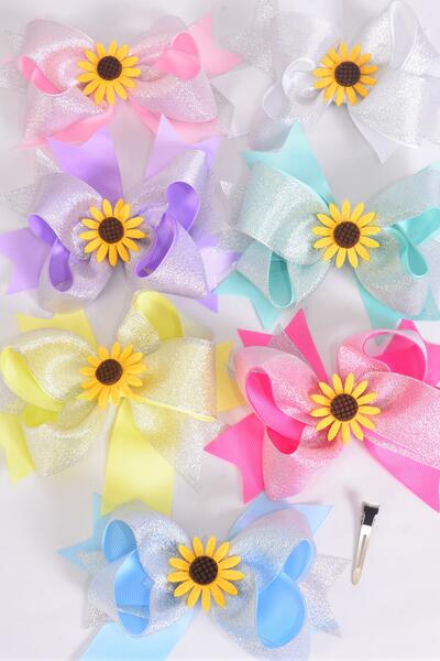 Hair Bow Jumbo Double Layered Happy Sunflower Charm Pastel Grosgrain Bow-tie / 12 pcs Bow = Dozen  Alligator Clip ,Size-6"x 5" Wide ,2 White ,2 Pearl Pink ,2 Hot Pink ,2 Lavender , 2 Mint Green , 1 Yellow , 1 Blue Color Asst ,Clip Strip & UPC Code