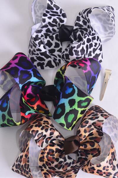Hair Bow Jumbo Tiedye Leopard Animal Pattern Mix Grosgrain Bow-tie / 12 pcs Bow = Dozen Leopard Mix , Alligator Clip , Size - 6" x 5" Wide , 4 of each Pattern , Clip Strip & UPC Code