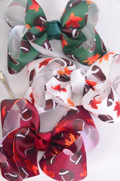 Hair Bow Jumbo Football Pattern Mix Grosgrain Bow-tie / 12 pcs Bow = Dozen Football , Alligator Clip , Bow - 6" x 5" Wide , 3 of each Pattern Asst , Clip Strip & UPC Code