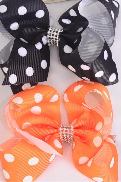 Hair Bow Jumbo Polka Dots Black Orange Mix Grosgrain Bow-tie / 12 pcs Bow = Dozen Alligator Clip , Bow - 6" x 5" Wide , 6 Black , 6 Orange Color Asst , Clip Strip & UPC Code