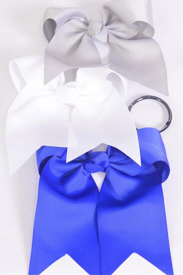 Hair Bow Extra Jumbo Long Tail Cheer Type Bow Gray White Royal Blue Mix Elastic Grosgrain Bow-tie / 12 pcs Bow = Dozen Elastic Pony , Size - 6.5" x 6" Wide , 4 Gray , 4 White , 4 Royal Blue Color Asst , Clip Strip and UPC Code 