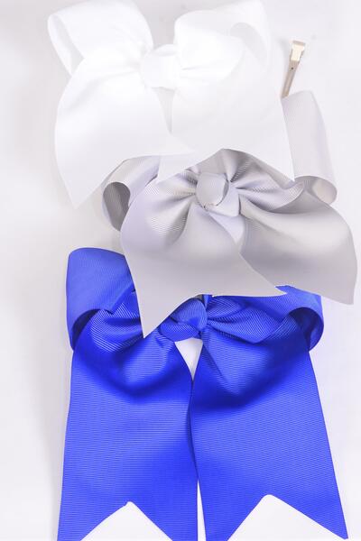 Hair Bow Extra Jumbo Long Tail Gray Royal Blue White Mix Grosgrain Bow-tie / 12 pcs Bow = Dozen Alligator Clip , Size - 6.5" x 6" Wide , 4 of each Color Asst , Strip & UPC Code