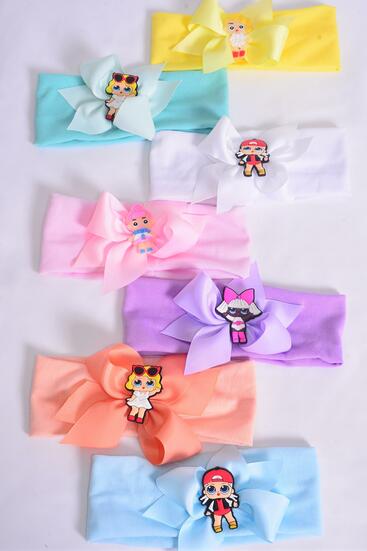 Headband Cotton Stretch LOL Doll Charm Grosgrain Bow-tie Pastel / 12 pcs = Dozen Stretch , Width - 2.5" Wide , Bow - 5" x 4" Wide , 2 White , 2 Pink , 2 Blue , 2 Purple , 2 Yellow , 1 Peach , 1 Mint Color Mix , Hang Tag & UPC Code