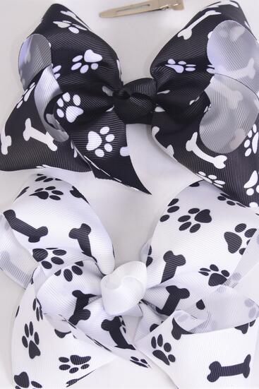 Hair Bow Jumbo Paw and Dog Bone Print Grosgrain Bow-tie / 12 pcs Bow = Dozen Paw Print , Alligator Clip , Bow - 6" x 5" Wide , 6 of each Pattern Asst , Clip Strip & UPC Code
