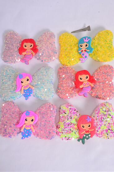 Hair Bow Sequin Iridescent Center Mermaid Charm / 12 pcs Bow = Dozen Mermaid , Alligator Clip , Size - 6" x 4" Wide , 2 Of each Pattern Asst , Clip Strip and UPC Code
