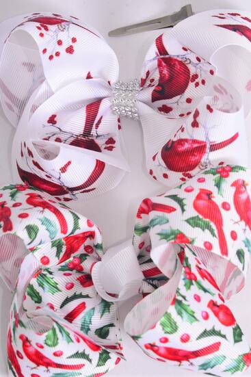 Hair Bow Jumbo Red Cardinals Grosgrain Bow-tie / 12 pcs Bow = Dozen  Alligator Clip , Bow - 6" x 5" Wide ,  6 of each Pattern Asst , Clip Strip & UPC Code