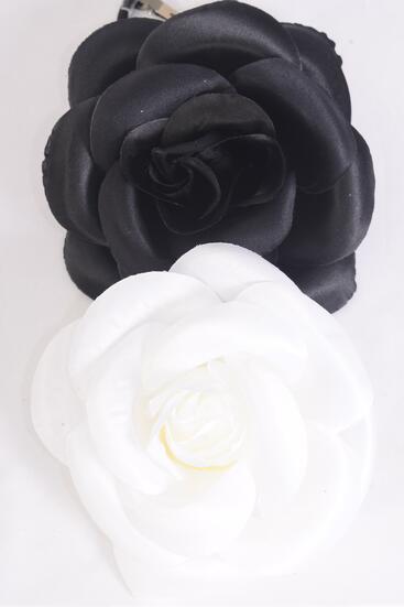 Flower Silk Flower Tea-Rose Jumbo Black White Mix / 12 pcs Flower = Dozen Size - 6" Wide , Alligator Clip & Brooch & Elastic Pony , 6 Black , 6 White Asst , Hang Tag & UPC Code , W Clear Box