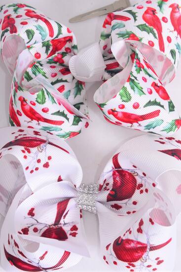 Hair Bow Jumbo Red Cardinals Grosgrain Bow-tie / 12 pcs Bow = Dozen  Alligator Clip , Bow - 6" x 5" Wide ,  6 of each Pattern Asst , Clip Strip & UPC Code