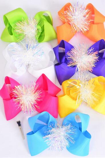 Hair Bow Jumbo Iridescent Grosgrain Bow-tie Citrus / 12 pcs Bow = Dozen Alligator Clip , Size - 6" x 5" Wide , 2 Fuchsia , 2 Blue , 2 Yellow , 2 Purple , 2 White , 1 Lime , 1 Orange Color mix , Clip Strip & UPC Code
