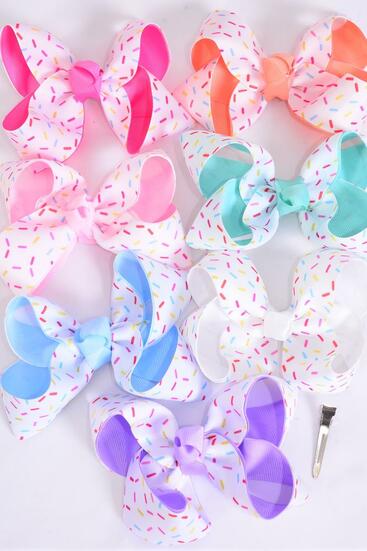Hair Bow Jumbo Double Layered Jimmies Sprinkles Grosgrain Bow-tie Pastel / 12 pcs Bow = Dozen Alligator Clip , 2 White , 2 Pink , 2 Blue , 2 Purple , 2 Hot Pink , 1 Peach , 1 Mint Green Color Mix , Clip Strip & UPC Code