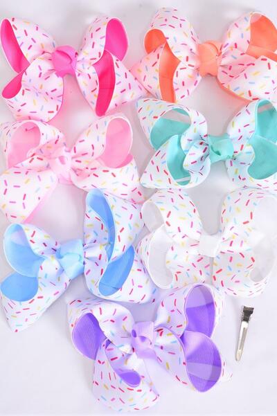 Hair Bow Jumbo Double Layered Jimmies Sprinkles Grosgrain Bow-tie Pastel / 12 pcs Bow = Dozen Alligator Clip , 2 White , 2 Pink , 2 Blue , 2 Purple , 2 Hot Pink , 1 Peach , 1 Mint Green Color Mix , Clip Strip & UPC Code