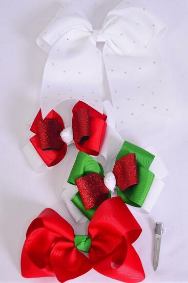 Hair Bow Jumbo XMAS Mix Grosgrain Bow-tie / 12 pcs Bow = Dozen Christmas , Alligator Clip , Size - 6" x 5" Wide , 3 Of each Pattern Asst , Clip Strip & UPC Code