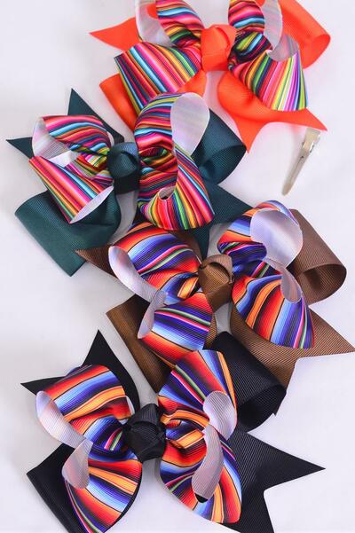 Hair Bow Jumbo Double Layered Serape Pattern Mix Grosgrain Bow-tie / 12 pcs Bow = Dozen  Fall , Alligator Clip , Size - 6" x 5" Wide , 4 Of Each Pattern Asst , Clip Strip & UPC Code
