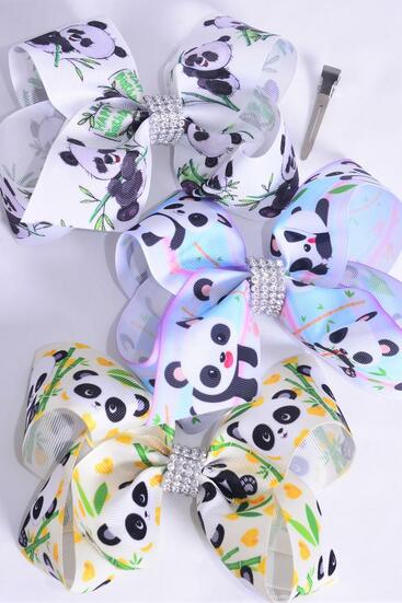 Hair Bow Jumbo Panda Asst Grosgrain Bow-tie /  12 pcs Bow = Dozen Bear , Alligator Clip , Size - 6" x 5" Wide , 4 Of Each Pattern Asst , Clip Strip & UPC Code