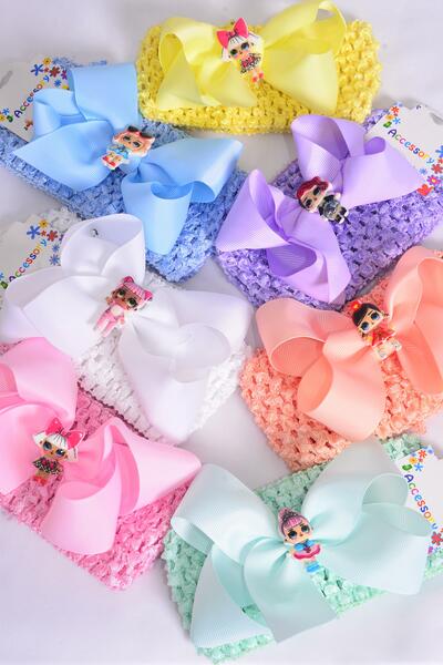 Ballerina Headband LOL Doll Charm Grosgrain Bow-tie Pastel / 12 pcs = Dozen  Stretch , Ballerina - 2.75" , Bow - 5" x 4" , 2 White , 2 Pink , 2 Blue , 2 Purple , 2 Yellow , 1 Peach , 1 Mint Mix , Hang Tag & OPP Bag UPC Code
