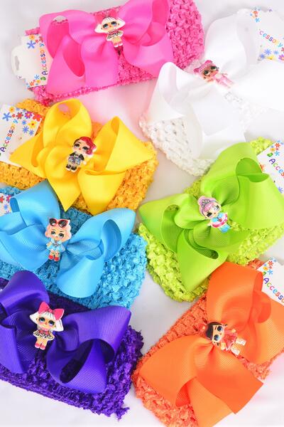 Ballerina Headband LOL Doll Charm Grosgrain Bow-tie Citrus / 12 pcs = Dozen Stretch , Ballerina - 2.75" , Bow - 5" x 4" , 2 Wh , 2 Fuchsia , 2 Purple , 2 Yellow , 2 Turquoise , 1 Lime, 1 Orange , Hang Tag & OPP Bag & UPC Code