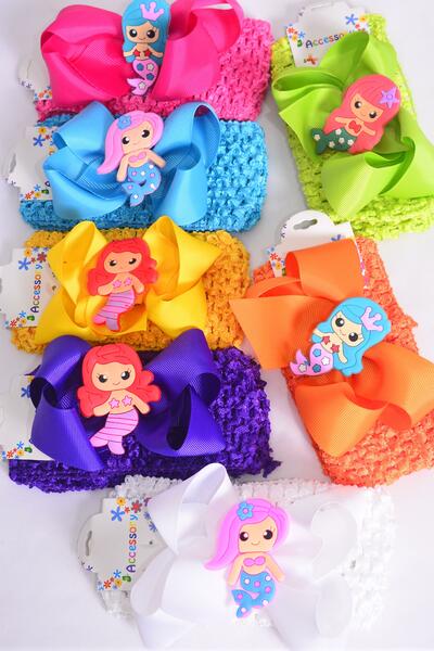Ballerina Headband Mermaid Charm Grosgrain Bow-tie Citrus / 12 pcs Bow = Dozen Citrus , Stretch , Ballerina - 2.75" Bow - 5"x 4" , 2 White , 2 Fuchsia , 2 Purple , 2 Yellow , 2 Blue , 1 Lime , 1 Orange Color Asst .