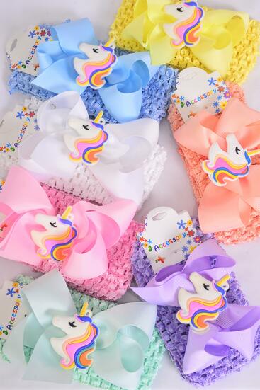 Ballerina Headband Unicorn Charm Grosgrain Bow-tie Pastel / 12 pcs Bow = Dozen Stretch , Ballerina - 2.75"  , Bow - 5" x 5" , 2 White , 2 Pink , 2 Blue , 2 Purple , 2 Yellow , 1 Peach , 1 Mint Mix , Hang Tag OPP Bag UPC Code
