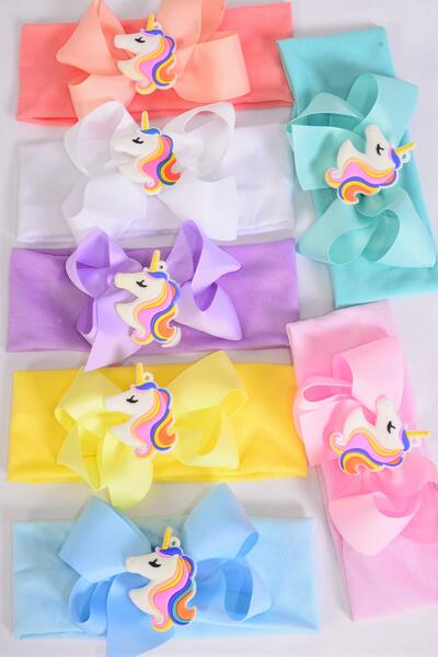 Headband Cotton Stretch Unicorn Grosgrain Bow-tie Pastel / 12 pcs Bow = Dozen Stretch , Width - 2.5" Wide , Bow - 5" x 5" Wide , 2 White , 2 Pink , 2 Blue , 2 Purple , 2 Yellow , 1 Peach , 1 Mint Green  Color Mix 
