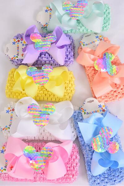 Ballerina Headband Mouse Ear Charm Grosgrain Bow-tie Pastel / 12 pcs = Dozen Stretch , Ballerina - 2.75" Wide , Bow - 5" x 4" , 2 White , 2 Pink , 2 Blue , 2 Purple , 2 Yellow , 1 Peach , 1 Mint Mix .