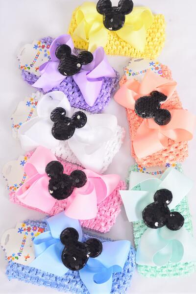 Ballerina Headband Mouse Ear Charm Grosgrain Bow-tie Pastel / 12 pcs = Dozen  Stretch , Ballerina - 2.75" Wide , Bow - 5" x 4" , 2 Wh , 2 Pink , 2 Blue , 2 Purple , 2 Yellow , 1 Peach , 1 Mint Mix , Hang Tag & OPP Bag UPC Code
