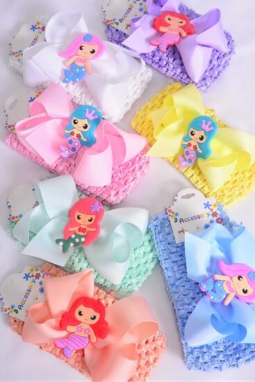 Ballerina Headband Mermaid Charm Grosgrain Bow-tie Pastel / 12 pcs = Dozen Stretch , Ballerina - 2.75" , Bow - 5" x 5" , 2 White , 2 Pink , 2 Blue , 2 Purple , 2 Yellow , 1 Peach , 1 Mint Mix , Hang Tag & OPP Bag UPC Code