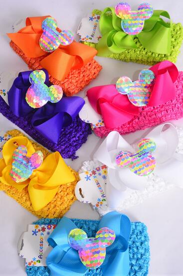Ballerina Headband Mouse Ear Charm Grosgrain Bow-tie Citrus / 12 pcs = Dozen   Stretch , Ballerina - 2.75" , Bow - 5" x 4" , 2 White , 2 Fuchsia , 2 Purple , 2 Yellow , 2 Blue , 1 Lime , 1 Orange Mix