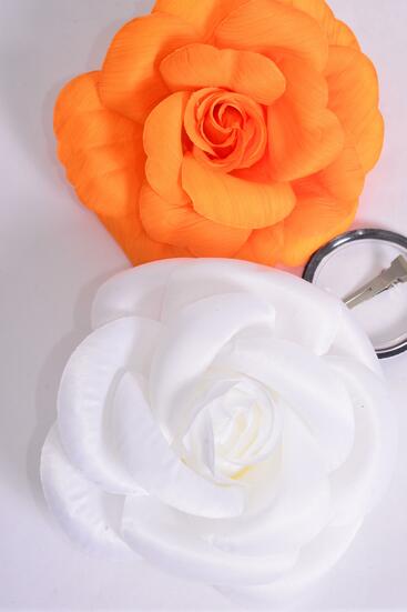 Flower Silk Flower Rose Jumbo Orange White Mix / 12 pcs Flower = Dozen Size - 6" Wide , Alligator Clip & Brooch & Elastic Pony , 6 Orange , 6 White Color Asst , Hang Tag & UPC Code , W Clear Box