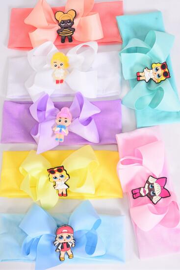 Headband Cotton Stretch LOL Doll Charm Grosgrain Bow-tie Pastel / 12 pcs = Dozen Stretch , Width - 2.5" Wide , Bow - 5" x 4" Wide , 2 White , 2 Pink , 2 Blue , 2 Purple , 2 Yellow , 1 Peach , 1 Mint Color Mix ,Hang Tag & UPC Code