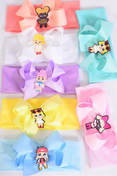 Headband Cotton Stretch LOL Doll Charm Grosgrain Bow-tie Pastel / 12 pcs = Dozen Stretch , Width - 2.5" Wide , Bow - 5" x 4" Wide , 2 White , 2 Pink , 2 Blue , 2 Purple , 2 Yellow , 1 Peach , 1 Mint Color Mix ,Hang Tag & UPC Code