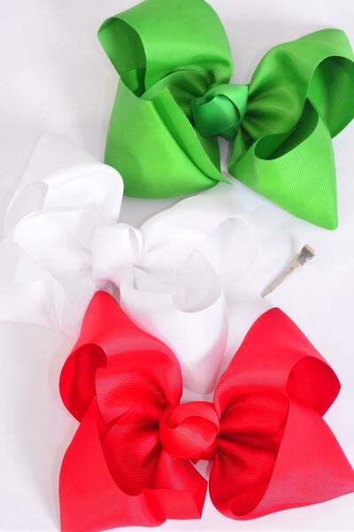 Hair Bow Extra Jumbo Cheer Type Bow Red White Green Mix Grosgrain Bow-tie / 12 pcs Bow = Dozen Alligator Clip , Size - 8" x 7" Wide , 4 Red , 4 White , 4 Green Color Asst , Clip Strip & UPC Code -